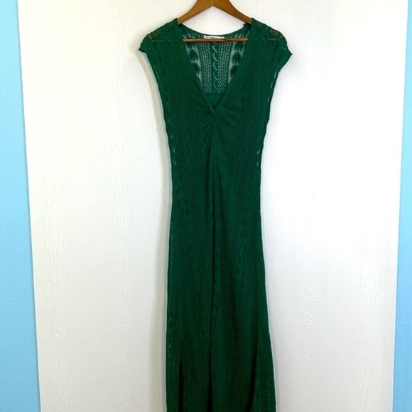Zara - VNeck Crochet Dark Green Lined Cap Sleeve Sweater Maxi Dress Size Small - Picture 10 of 15